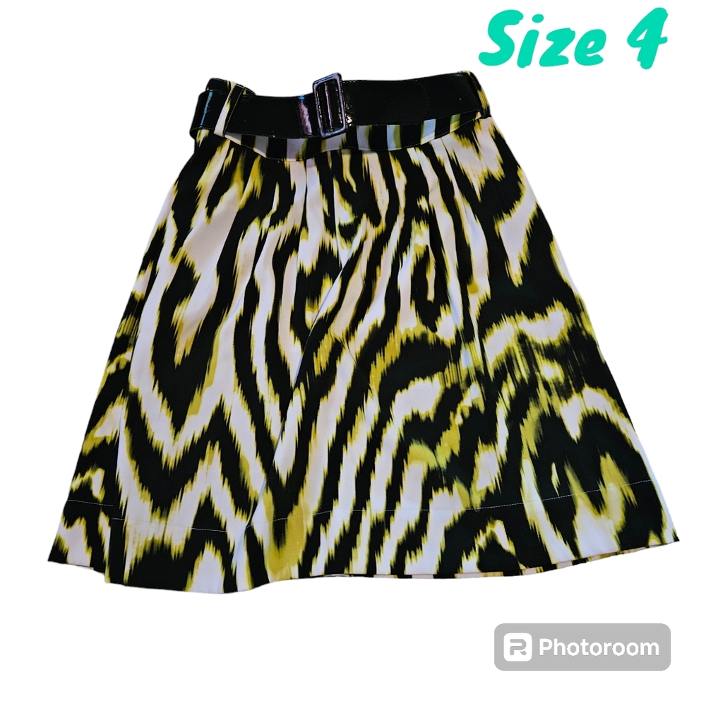 Worthington Animal Zebra Print Black Neon Green Skirt Y2K Aline Belted Women 4
